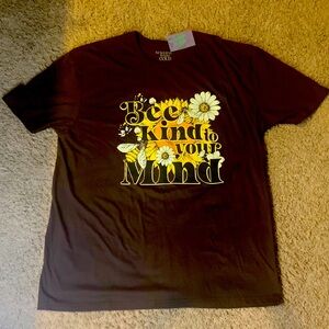 Be Kind to Your Mind Brown Graphic Tee with Yellow Bumblebee and Flowers Accents